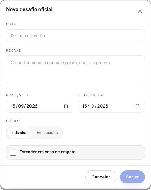 Criando um desafio oficial da academia: nome, regras, datas e formato