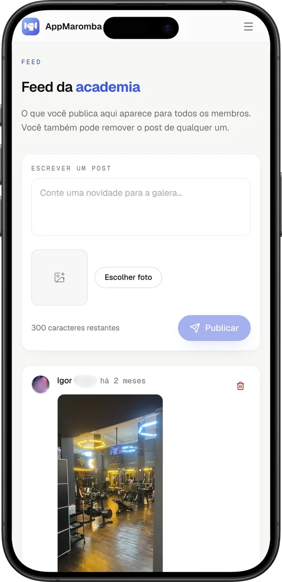 O feed da academia, onde a equipe publica para todos os membros