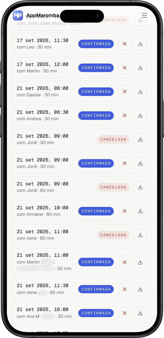 Plataforma do personal trainer: a agenda de sessões, com as confirmações