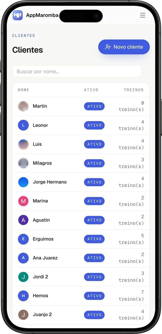 Plataforma do personal trainer: a lista de alunos, com os ativos e os treinos de cada um